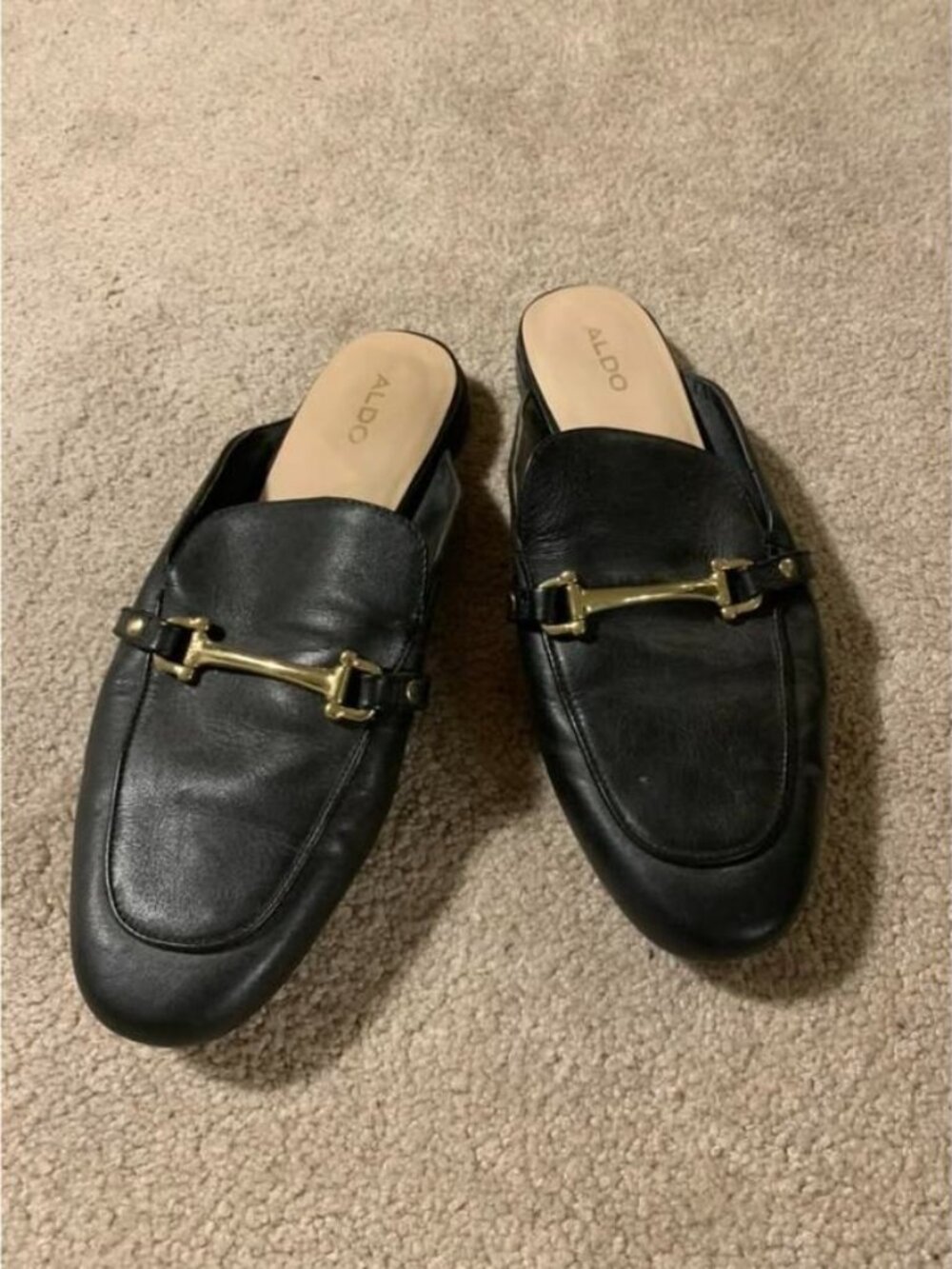 ALDO Black Leather Loafer Mules Gold Horsebit Size 9